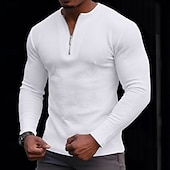 cheap Waffle Knit Tee-Men's Waffle T-shirt Tee Top Long Sleeve Quarter Zip Spring Fall Autumn Solid Color Plain Textured Daily Retro Casual Zip Up Casual Outdoor Street White Top Tee for Men