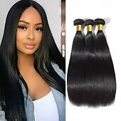 abordables 3 mechones de cabello natural ondulado-3 paquetes Tejidos de cabello Cabello Brasileño Recto Extensiones de Pelo Natural Cabello humano remy Paquetes de tejido de cabello 100% Remy 300 g Tejidos Humanos Cabello Extensiones Naturales 8-28