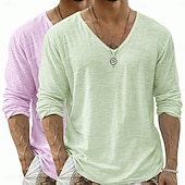  Camiseta de lino para hombre, 2 piezas, manga larga, cuello en V, verano, primavera &Conjunto de 2 piezas liso para verano, color liso, para uso diario, estilo urbano, informal, para exteriores, color