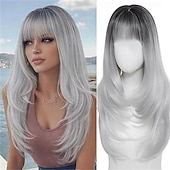 baratos Perucas Sintéticas sem Touca-Peruca castanha com mechas e franja para mulheres, peruca castanha longa e ondulada, peruca castanha em camadas de 66 cm (26 polegadas).