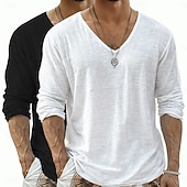  Camiseta de lino para hombre, 2 piezas, manga larga, cuello en V, verano, primavera &Conjunto de 2 piezas liso para verano, color liso, para uso diario, estilo urbano, informal, para exteriores, color