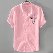  Pánské Lněná košile Košile pro volný čas Bavlněná lněná košile Košile na knoflíky Vzor Plážové Dovolená Černá Bílá Světle zelená Světlá růžová Krátký rukáv Klopa Léto Oblečení S přezkou