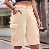abordables Pantalones cortos bermudas-Mujer Bermudas Pantalón Corto Cargo Chinos Vacaciones Ropa de calle Casual Longitud de la rodilla Media cintura Color sólido Bolsillo Confortable Rígido Diario Exterior Vacaciones Azul Piscina Ocre