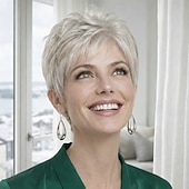 economico parrucca più vecchia-parrucca corta argentata chic da donna, con frangia spettinata e soffice