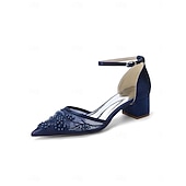 abordables Madre de la Novia/Novio-Zapatos de tacón de bloque azul marino para mujer con bordado de encaje y detalles de cuentas, elegantes zapatos para la madre de la novia para bodas en la ciudad, zapatos de tacón de punta para
