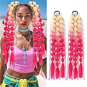 economico Capelli all'uncinetto-2 pezzi di extension per coda di cavallo sintetiche colorate a forma di bolla, extension per capelli intrecciati leggeri da 24 pollici, accessori per festival rave per ragazze, giornata dei capelli