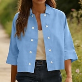baratos Camisas-Mulheres Camisa Social Camisas com toque de linho Camisa casual camisa de botão Botões Côr Sólida Férias Vintage Moda Meia Manga Aberto para a Lateral Tops regulares Diário Feriado Roupa de Praia