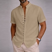 economico Classico-Per uomo Camicia Camicia di lino Camicia Estiva Abbigliamento da spiaggia Camicia con Bottoni Semplice Casuale Spiaggia Blu Nero Bianco Rosa Manica Corta Collo alla coreana Estate Primavera &amp; Estate