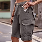 abordables Pantalones cortos bermudas-Mujer Bermudas Pantalón Corto Cargo Chinos Vacaciones Ropa de calle Casual Longitud de la rodilla Media cintura Color sólido Bolsillo Confortable Rígido Diario Exterior Vacaciones Azul Piscina Ocre