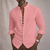 cheap Classic-Men's Shirt Linen Shirt Summer Shirt Casual Shirt Button Up Shirt Plain Casual Daily Blue Black White Pink Long Sleeve Stand Collar Summer Spring Clothing Apparel Button Front