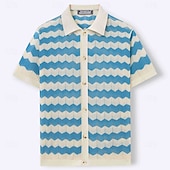 economico camicia da uomo con bottoni-Per uomo Camicia casual Camicia con Bottoni Camicia Jacquard Giallo Blu Marrone Manica Corta Semplice Colletto a Camicia Casuale Quotidiano Traforato Abbigliamento Moda Casual