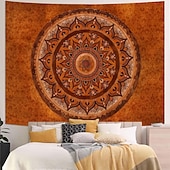 baratos Tapeçarias de Parede-Tapeçaria de parede mandala boêmia em tons de laranja queimado, com intrincado medalhão floral, arte étnica tribal boho para decoração de casa, sala de estar, quarto ou escritório.