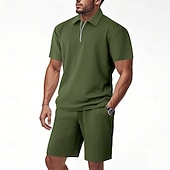billige Basic Tees-sett for menn-Herre Polo T-skjorte drakter Joggedress Shorts og T-skjorte sett Kortermet Kort Erme Aftæpning Sommer Fargeblokk Gymnastik Fritid Jacquard Glidelås 2 deler Avslappet Feriereise Dagligdagstøy Svart