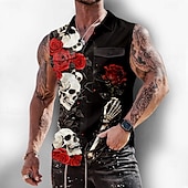 abordables Chemise vintage-Homme Squelette Rose Crânes Chemise Chemise Boutonnée T-shirt sans manches Sans manches Style gothique sombre Extérieur Décontracté Été Printemps Col Rabattu Impression 3D Deux poches avant Noir