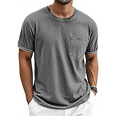 billige grunnleggende t-skjorter-Herre T skjorte 100% bomullssyre-vaskeskjorte Kortermet Crew-hals Sommer Vår Alle årstider Helfarge Enkel Elegant Årgang Nøytral Lomme Plaggfarget Nedtrykt Avslappet Hjem utendørs Lyseblå Svart Brun