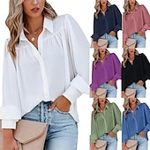 baratos Blusas Simples-Mulheres Camisa Social Camisa casual camisa de botão Blusa Franzido Botões Côr Sólida Tecido Elegante Férias Moda Manga Longa Manga lanterna Aberto para a Lateral Tops regulares Diário Praia Feriado