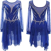 cheap Figure Skating Dresses-Figure Skating Dress Women's Ice Skating Dress Navy Patchwork Open Back Stretchy Training Competition Skating Wear Classic Crystal / Rhinestone Long Sleeve Ice Skating Figure Skating