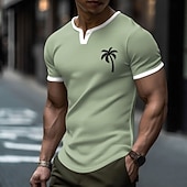 preiswerte Camisetas tropicales de vacaciones-Herren-T-Shirt in Salbeigrün mit Waffelstrickmuster und Palmenmotiv, kontrastierendem weißen V-Ausschnitt, Henley-Schnitt, strukturierter Oberfläche, schmale Passform, Sommer, Strand, Freizeit,