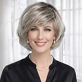 baratos peruca mais velha-Peruca bob curta e elegante para mulheres - loiro prateado com camadas suaves