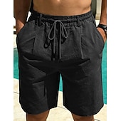 cheap Holiday-Men's Linen Shorts Summer Shorts Beach Shorts Drawstring Pocket Plain Comfort Breathable Knee Length Daily Outdoor Holiday Vacation Casual Black White Inelastic