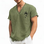economico Tropische Urlaub-T-Shirts-T-shirt da uomo con scollo a V in misto lino e cotone con stampa di palme, orlo a vivo, ideale per l'estate, la spiaggia, le vacanze al mare, maniche corte, morbida e casual, alla moda, taglie S-3XL.