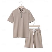 billige Basic Tees-sett for menn-Herre Polo T-skjorte drakter Joggedress Shorts og T-skjorte sett Kortermet Kort Erme Aftæpning Sommer Fargeblokk Gymnastik Fritid Jacquard Glidelås 2 deler Avslappet Feriereise Dagligdagstøy Svart