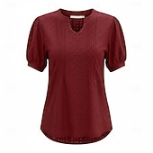billiga Kostymblusar-Dam Skjorta Pointelle-skjorta Ögonlock Blus Ögla Slät Stylish Klassisk Modern Kortärmad V-hals Vanliga toppar Ledigt Dagligen Strand Vit Vin Marinblå Ros rosa Sommar Vår