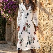 abordables Robes Floraux Imprimés-Femme Robe Trapèze Robe imprimée Mode Moderne Décontractées Extérieur Vacances du quotidien Standard Couleur monochrome manche longue Col V Blanche Rose Claire Rouge Bleu Eté Printemps