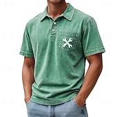 cheap Men's Classic Polo-SoftFade™ Men's Graphic Acid Wash Shirt 100% Cotton Short Sleeve Polo Shirts Athleisure Pocket 3D Print Buttons Spring &amp; Summer Blue Brown Green