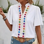 billiga Enkla blusar-Dam Skjorta Casual skjorta Blus Broderad Knappar Ensfärgat Semester Mode Dagligen Kortärmad V-hals Vanliga toppar Streetwear Strand Helgdag Vit Sommar Vår Höst