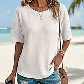 abordables T-shirt uni-T-shirt classique en maille gaufrée pour femme, couleur unie, moderne et décontracté, manches courtes, col rond, coupe droite, idéal pour le quotidien, les vacances, les sorties, noir, blanc, jaune, rose, bordeaux, été et printemps