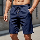 cheap Holiday-Men's Shorts Linen Shorts Summer Shorts Beach Shorts Drawstring Elastic Waist Buttons Plain Solid Comfort Breathable Knee Length Daily Outdoor Beach Vacation Fashion Black White Inelastic
