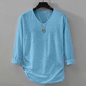 お買い得  コットンリネンTシャツ-男性用 ティートップ リネンTシャツ 長袖 Ｖネック 夏 春 純色 平織り 日常 カジュアル ストリートスタイル 平織り カジュアル アウトドア ストリート ホワイト メンズトップTシャツ