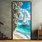 cheap Garage &amp; Door Banners-Scenic Coastal Sea View Sailboat Yacht on Turquoise Water with Rocky Cliff and White Flowers Beach Door Banner Cover Wall Tapestry for Home Interior Wall Decoration Front Door Entryway