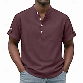 cheap Men's Popover Shirts-Men's Shirt Popover Shirt Casual Shirt Button Up Shirt Light Pink Black Yellow Light Green Pink Short Sleeve Plain Grandad Collar Casual Daily Clothing Apparel Elegant Fashion Casual