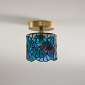 baratos Montagem Embutida &amp; Montagem Semi Embutida-Luminária de teto retrô com vitral azul cilíndrico em vidro com padrão de água, ideal para ilha de cozinha. Luminária de teto vintage ajustável em latão.