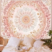 baratos Tapeçarias de Parede-tapeçaria de parede com mandala floral em tons pastel de rosa aquarela, estilo boho romântico, com guirlanda de flores pêssego, ideal para decoração de quarto ou dormitório feminino.