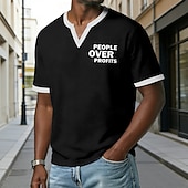  Herren-T-Shirt mit Aufdruck „Menschen vor Profiten“, marineblau, Waffelstrick, V-Ausschnitt, Kurzarm, Grafikprint, normale Passform, lässige Alltagskleidung, Designer-Bekleidung, Größen: S, M, L, XL,