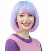 cheap Party Wigs-Blue Purple Ombre Bob Wig with Bangs, Colorful Short Funny Bob Wigs Cosplay Hairpieces for Halloween Costume Party Heat Temperature Synthetic Fiber for Women Men