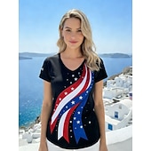  día de la independencia americana Mujer Camiseta Estampado Graphic Bandera estadounidense Elegante Clásico Casual Manga Corta Escote en Pico Tops regulares Diario Noche Azul Piscina Negro Verano