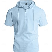 cheap Classic-Men's Shirt Linen Shirt Button Up Shirt Solid Color Casual Beach Black White Navy Blue Khaki Short Sleeve Hoodie Summer Spring Clothing Apparel Buttons