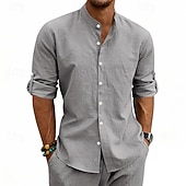 economico Classico-Per uomo Camicia Camicia di lino Camicia Estiva Abbigliamento da spiaggia Camicia con colletto alla coreana Camicia con Bottoni Semplice Casuale Vacanza Blu Nero Bianco Cachi Manica Lunga Colletto a