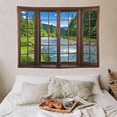 economico arazzo paesaggistico-Arazzo da parete con finta finestra, vista panoramica sul fiume e sulle montagne, paesaggio naturale, perfetto per l'arredamento della casa e per il relax.