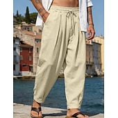 baratos Feriado-Homens Calças de linho Calça verão Calças de praia Com Cordão Bolsos Tecido Confortável Respirável Comprimento total Diário Casa Ao ar livre Férias Simples Preto Branco Sem Elasticidade
