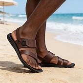 economico Infradito da Vacanza-Sandali da uomo marroni con cinturini, a punta aperta, comodi e casual, scarpe da spiaggia leggere, calzature estive per vacanze, viaggi al mare, abbigliamento da resort, tempo libero all'aperto, passeggiate e stile rilassato di tutti i giorni.