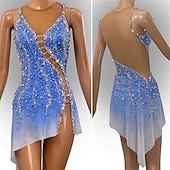 abordables Figure Skating Dresses-Figure Skating Dress Women's Ice Skating Dress Blue Patchwork Asymmetric Hem Stretchy Training Competition Skating Wear Classic Crystal / Rhinestone Sleeveless Ice Skating Figure Skating