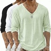 economico T-shirt in Cotone e Lino-Per uomo Maglietta Maglietta in lino Manica Lunga Scollo a V Primavera &amp; Estate Estate Primavera Tinta unica Semplice Quotidiano Casual Stile da Strada 3 pezzi Puro Confezione multipla Casuale