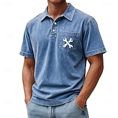 cheap Men's Classic Polo-SoftFade™ Men's Graphic Acid Wash Shirt 100% Cotton Short Sleeve Polo Shirts Athleisure Pocket 3D Print Buttons Spring &amp; Summer Blue Brown Green