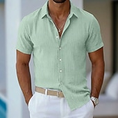 cheap Men's Button Up Shirts-Men's Shirt Summer Shirt Casual Shirt Beach Shirt Button Up Shirt Navy Blue Short Sleeve Plain Lines / Waves Lapel Casual Streetwear Clothing Apparel Fashion Casual Comfortable Smart Casual