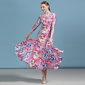 זול Salão de Dança Padrão-Ballroom Dance Dress Floral Print Pleats Women's Party Training Performance 3/4 Length Sleeve High Elastane